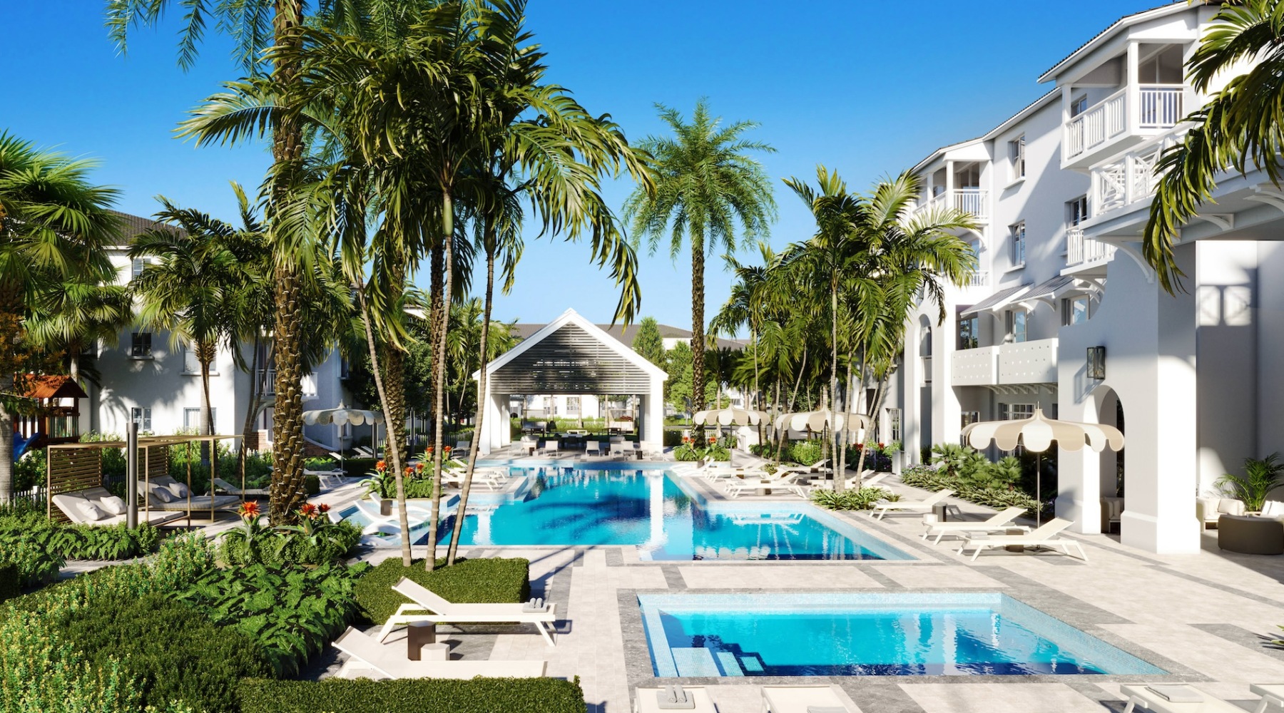 Resort-style swimming pool with lounge seating