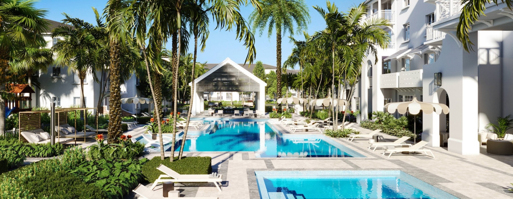 Resort-style swimming pool with lounge seating