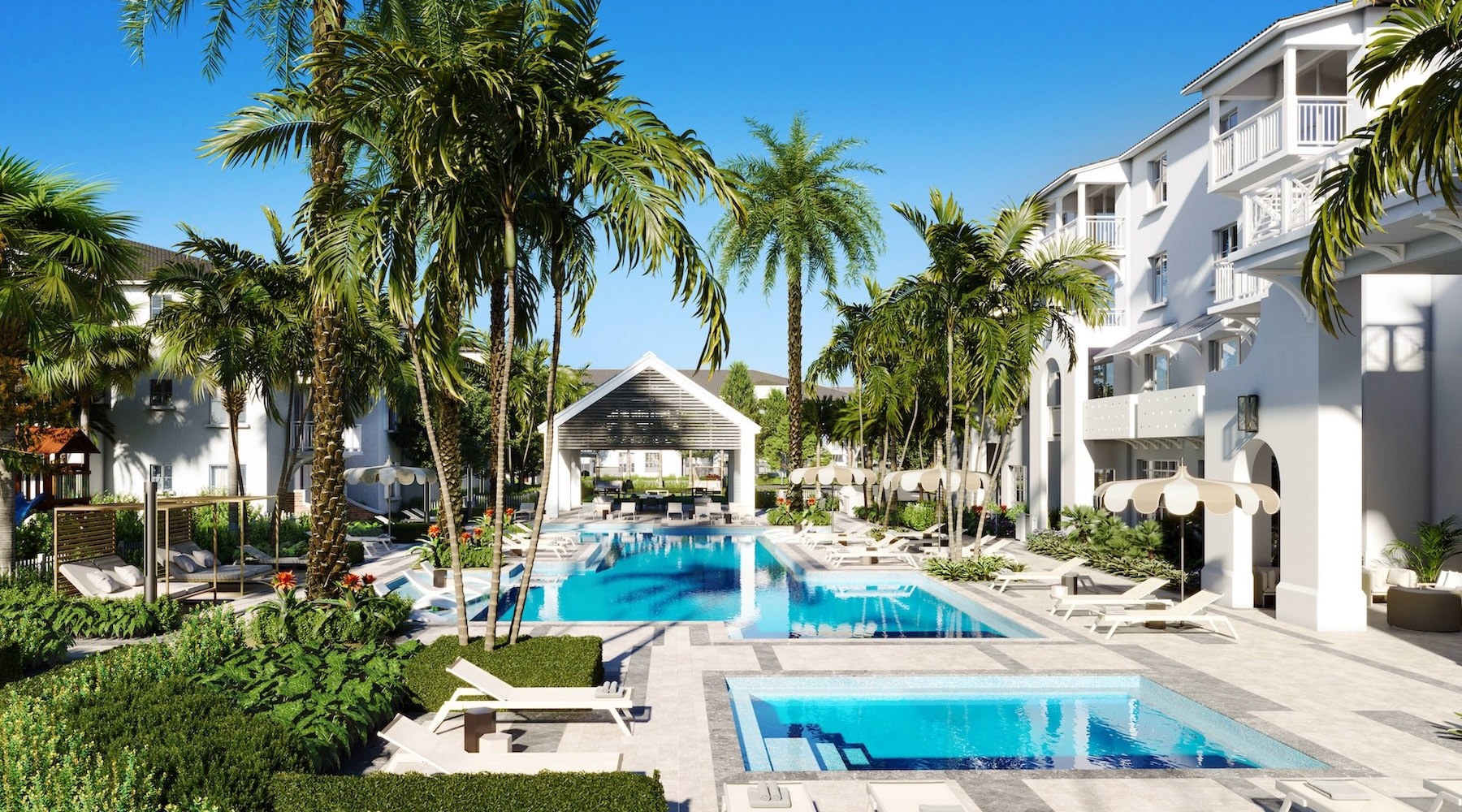 Resort-style swimming pool with lounge seating