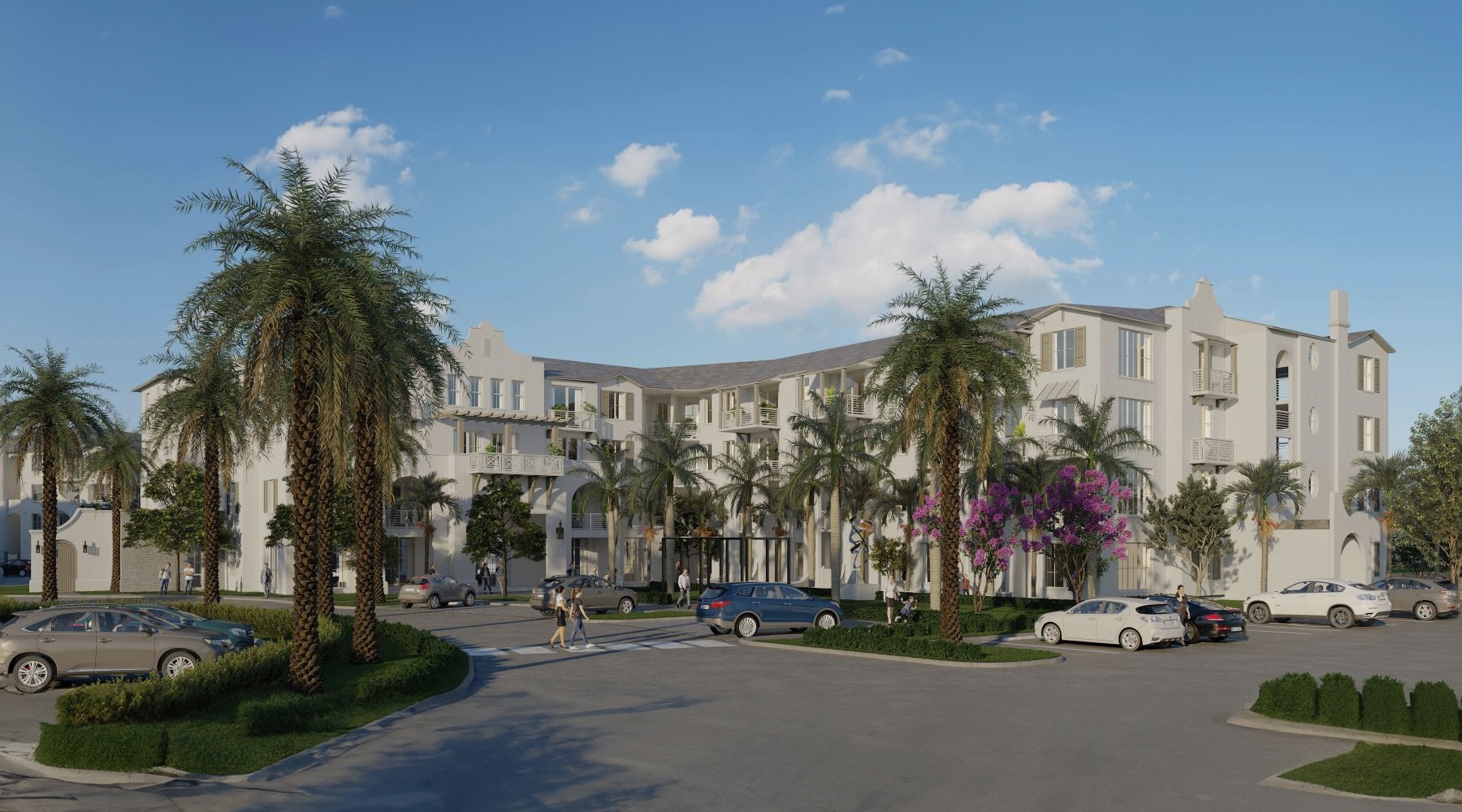 a building with palm trees and cars in front of it